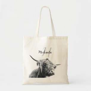 Tote Bag Portrait de vache Highland premier monogramme noir