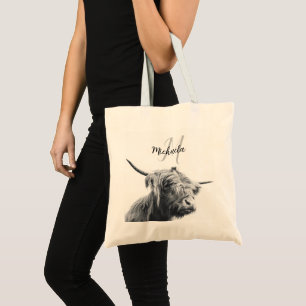 Tote Bag Portrait de vache Highland premier monogramme noir