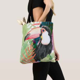 Tote Bag Portrait toucan avec Feuilles tropicaux
