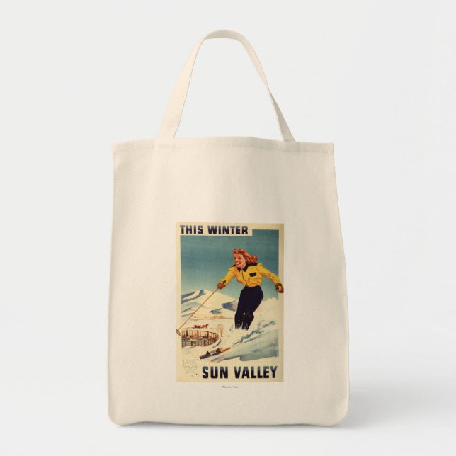 Tote Bag Poster d'une femme à tête rouge souriant et skiant (Devant)