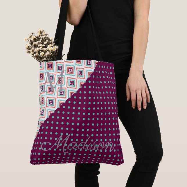 Tote Bag Pots Aqua Purple Aztec Monogram (De près)