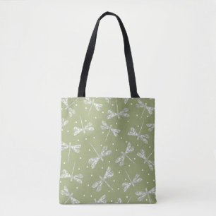 Tote Bag Pots blancs et libellules vert olive