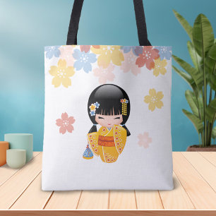 Tote Bag Poupée de Kokeshi d'été - fille de geisha jaune