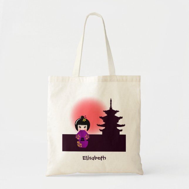Tote Bag Poupée japonaise kokeshi au temple au coucher du s (Devant)