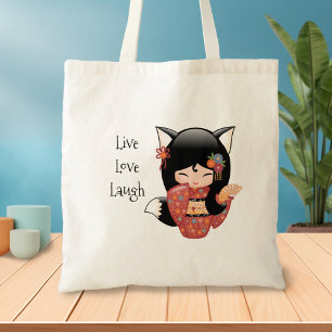 Tote Bag Poupée Kitsune Kokeshi - Black Fox Geisha Girl