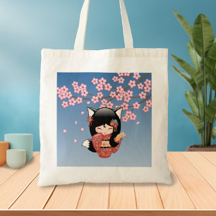 Tote Bag Poupée Kitsune Kokeshi - Black Fox Geisha Girl 2