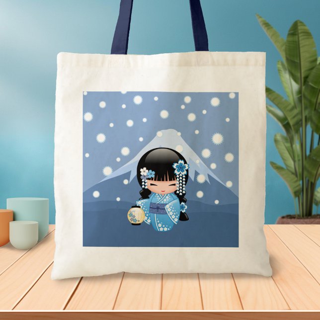 Tote Bag Poupée Kokeshi d'hiver - Blue Kimono Geisha Girl (Créateur téléchargé)