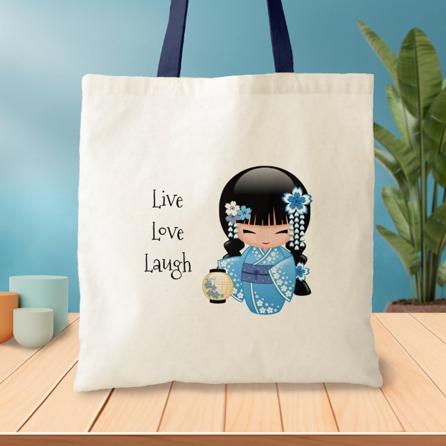Tote Bag Poupée Kokeshi d'hiver - Blue Kimono Geisha Girl (Créateur téléchargé)