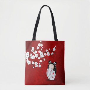 Tote Bag Poupée Kokeshi Fleur Rouge Noir Et Blanc De Ceris
