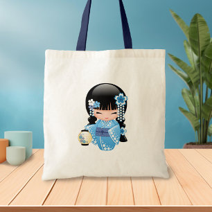 Tote Bag Poupée Kokeshi hiver - Blue Kimono Geisha Girl 2