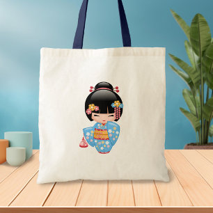 Tote Bag Poupée Maiko Kokeshi - Blue Kimono Geisha Girl