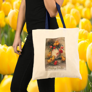 Tote Bag Poussins de Pâques vintage avec fleurs de tulipes