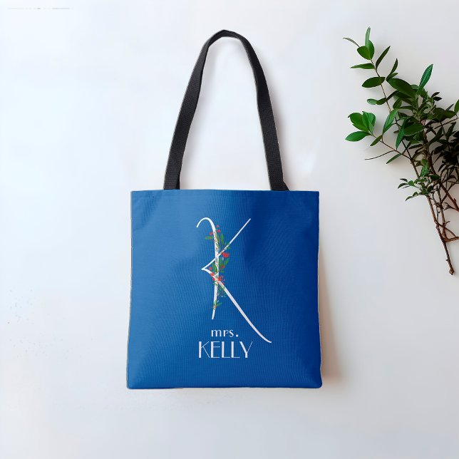 Tote Bag Premier K monogramme aquarelle couleur rouge flora (Créateur téléchargé)