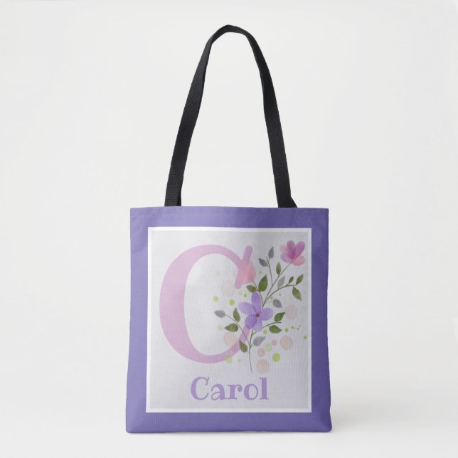 Tote Bag Premier nom initial Plus Carol avec fleurs (Devant)
