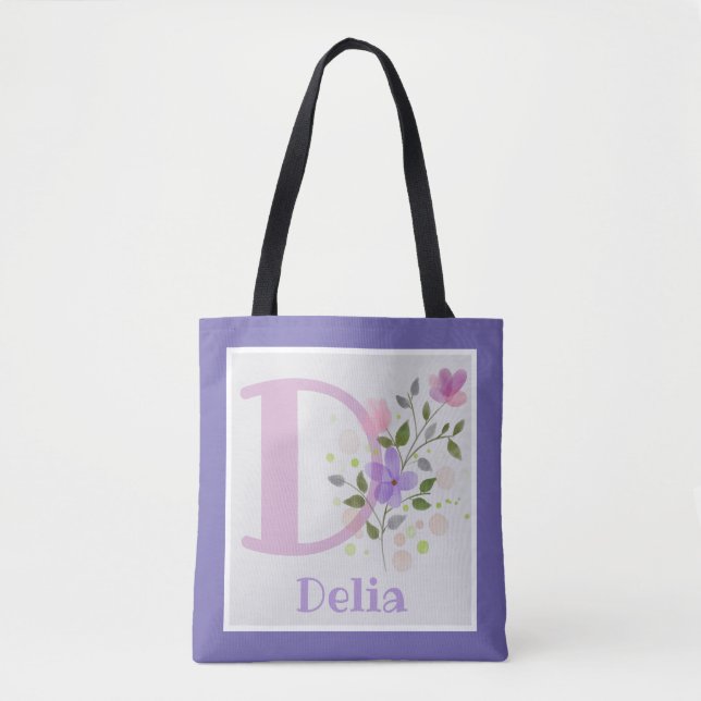 Tote Bag Premier nom initial plus Delia avec fleurs (Devant)