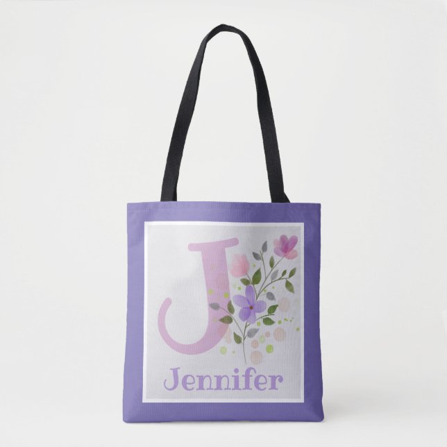 Tote Bag Premier nom initial plus Jennifer avec fleurs (Devant)