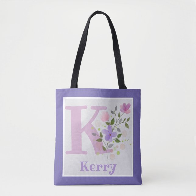 Tote Bag Premier nom initial plus Kerry avec fleurs (Devant)
