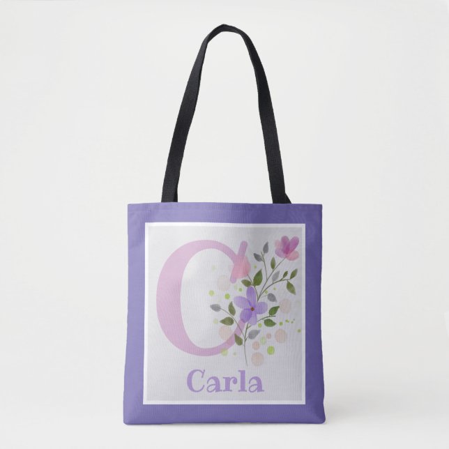 Tote Bag Première initiale plus nom Carla avec des fleurs (Devant)