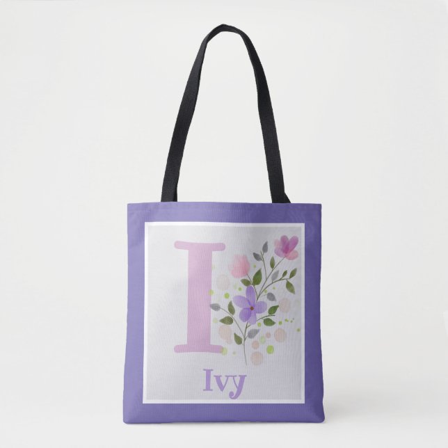 Tote Bag Première initiale plus nom Ivy avec des fleurs (Devant)