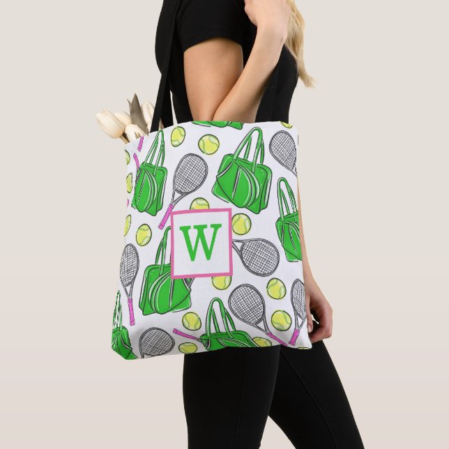 Tote Bag Préppy Green Pink Tennis Racquet Balls Initiale (De près)