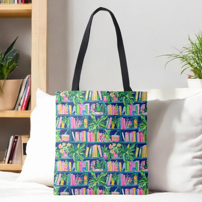 Tote Bag Préppy Navy Bookcase Tropical (Créateur téléchargé)