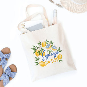 Tote Bag Presser Le Jour Citrons Aquarelle Bleu Et Jaune