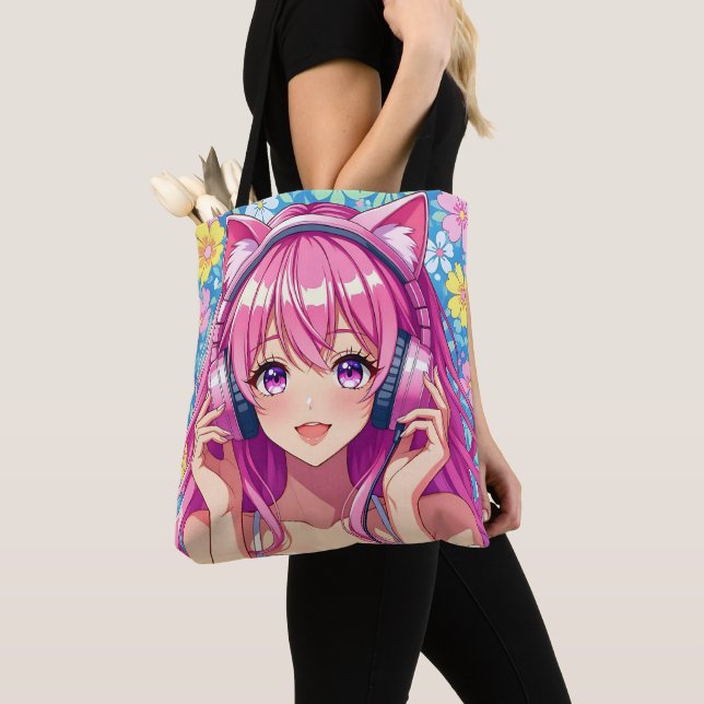 Tote Bag Pretty Pink Anime Girl in Headphones (De près)