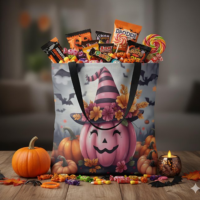 Tote Bag Pretty Pink Halloween Pumpkin Jack-o-lantern (Créateur téléchargé)