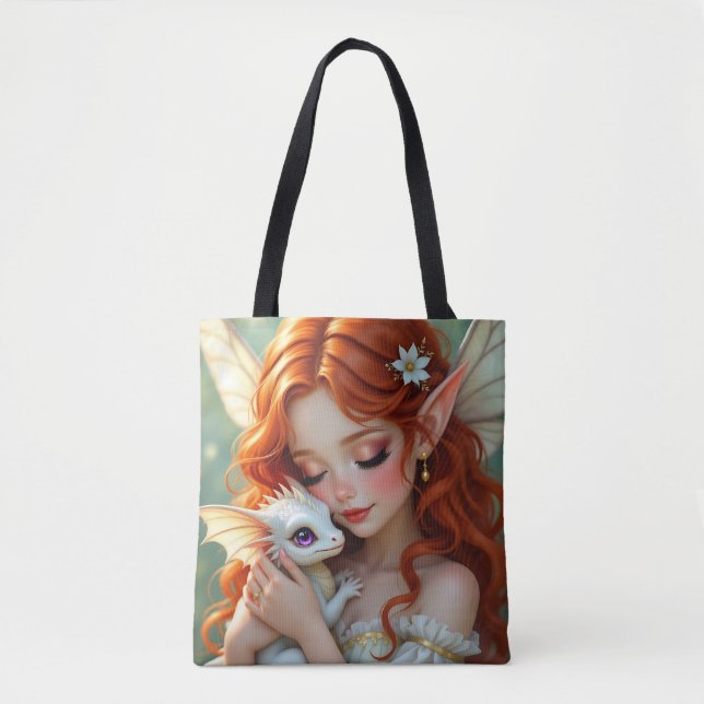 Tote Bag Pretty Red Haired Fairy with Dragon (Devant)