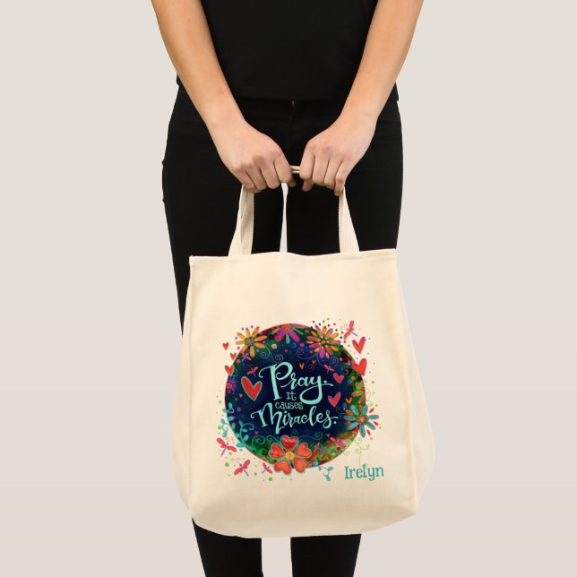 Tote Bag Prière Causes Miracles Personnalisé Plutôt Floral  (Devant (produit))