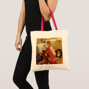 Tote Bag Prières au coucher, Fille avec chiot, Religion Vin