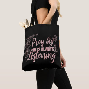Tote Bag Priez Grande Quote Noire avec Rose