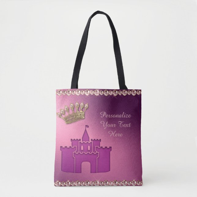 Tote Bag Princess Castle, Crown & Jewelry Party Personnalis (Devant)