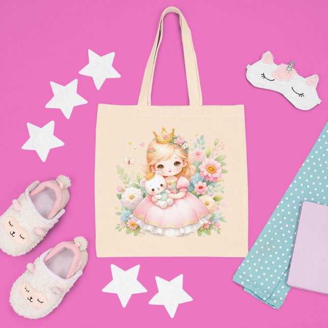 Tote Bag Princesse enchantée et ours - Nom personnalisable (Créateur téléchargé)