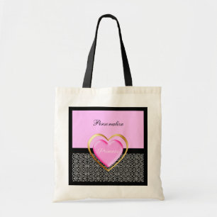 Tote Bag Princesse noire rose Girly Giraffe Print et nom