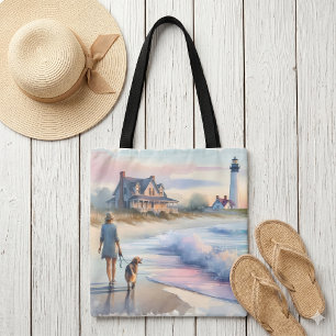 Tote Bag Promenade côtière jusqu'au phare au coucher du sol