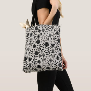 Tote Bag Protea Floral Block Print Millefleur noir lin