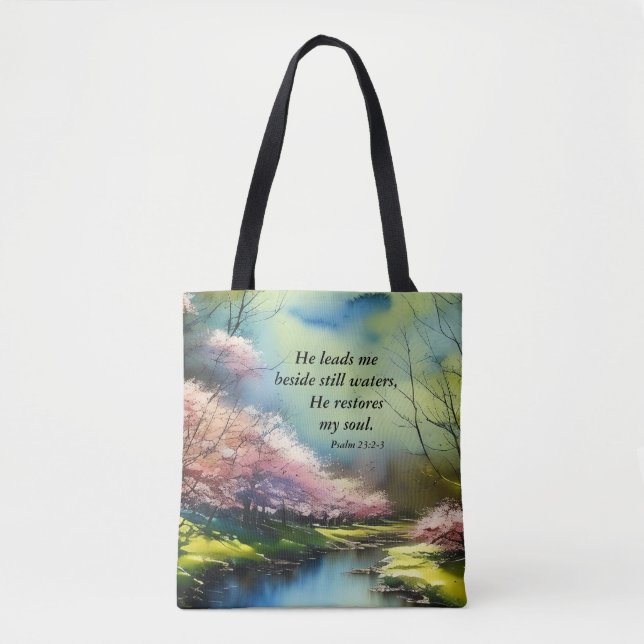 Tote Bag Psaume 23:2-3 Il restaure mon âme Bible Verse (Devant)