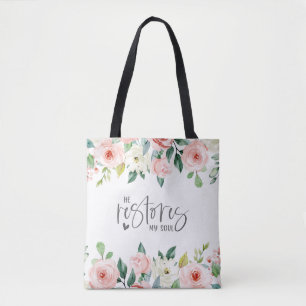 Tote Bag Psaume 23:3 Il rétablit mon âme Bible Verse & Rose