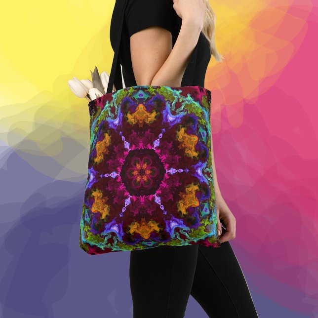 Tote Bag Psychédélique Mandala Fleur violet orange et vert (Créateur téléchargé)