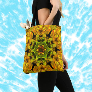 Tote Bag Psychédélique Mandala Flower vert et jaune