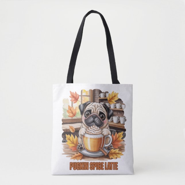 Tote Bag Pugkin Spice Latte – Cute Autumn Pug Coffee Design (Devant)