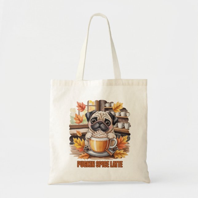 Tote Bag Pugkin Spice Latte – Cute Autumn Pug Coffee Design (Devant)