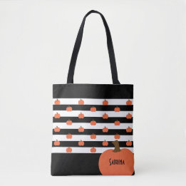 Tote Bag Pumpkin with Black & White Stripes - Personalized