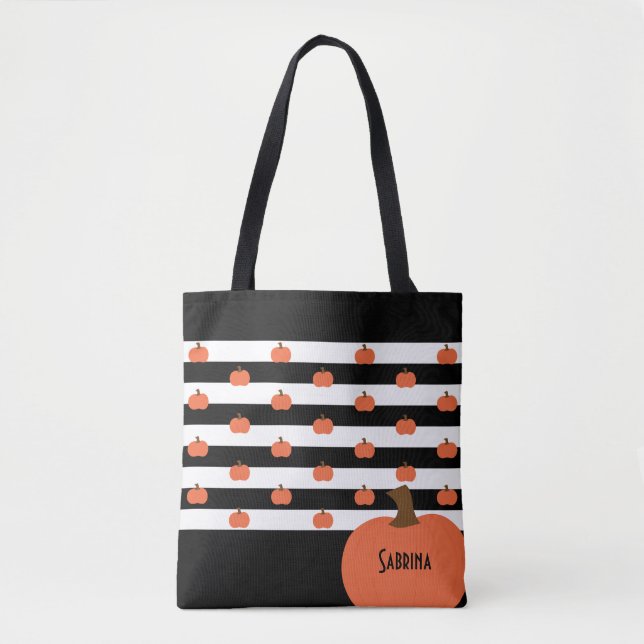 Tote Bag Pumpkin with Black & White Stripes - Personalized  (Devant)