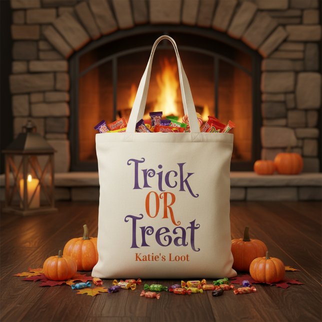 Tote Bag Purple et Orange Halloween personnalisé Tricoter o (Purple and Orange Halloween Custom Trick or Treat Tote Bag - add your trick-or-treater's name!)