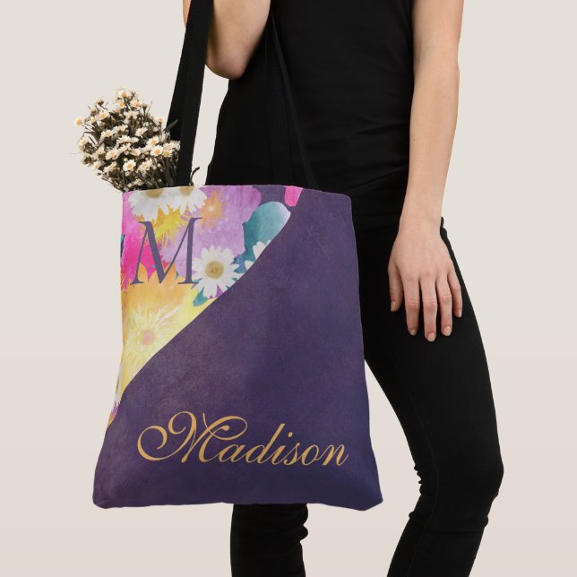 Tote Bag Purple Floral Fille tendance Nom initial Monogramm (De près)