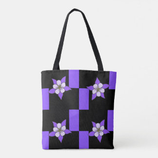 Tote Bag Purple Flower on Black and Purple Tile Design