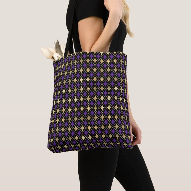 TOTE BAG PURPLE & GOLD MARDI GRAS DIAMOND MOTIFS (De près)