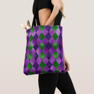 TOTE BAG PURPLE & GREEN MARDI GRAS DIAMOND MOTIFS